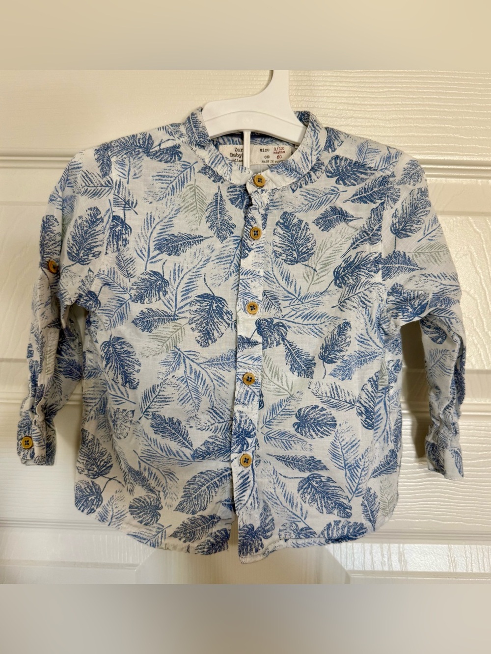 NWOT Zara Baby Boy Tropical Leaf Linen Blend Button Down Shirt 9-12M Blue White